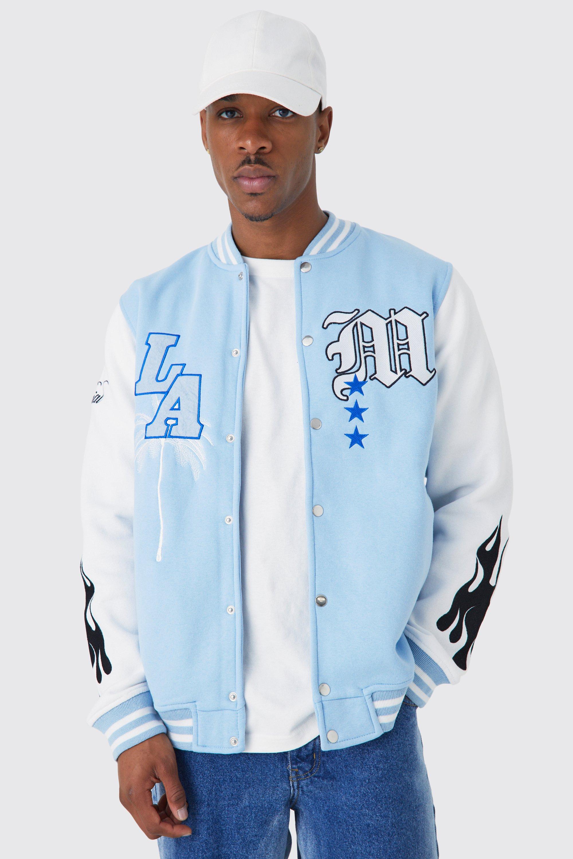 Light blue and white varsity jacket new arrivals